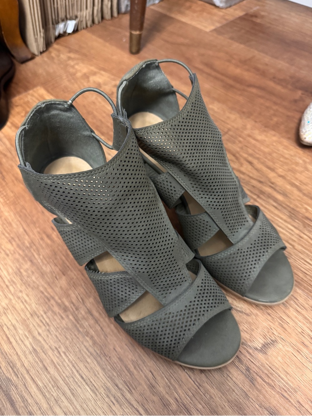 Soda Olive Green Perforated Cutout Peep-Toe Heels